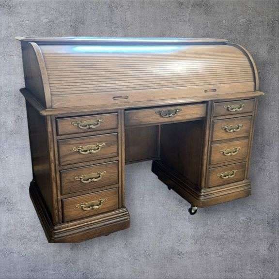 Classic Oak Rolltop Desk, 55x27x41 inches, 8 Drawers total