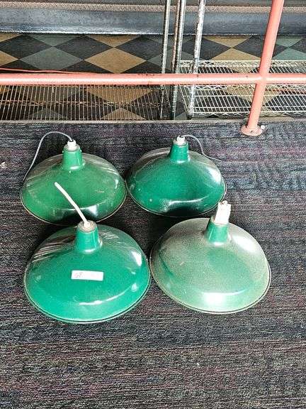 Vintage Green Metal Industrial Pendant Light Fixtures, 15.5" Diameter, Set of 4