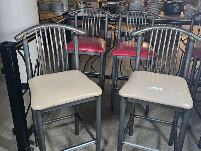 Set of 4 Contemporary Bar Stools, Metal Frame, Beige & Red Seats, 29" Seat Height