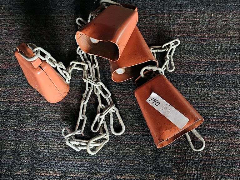 Orange Livestock Tip Bells with Chains, Set of 4