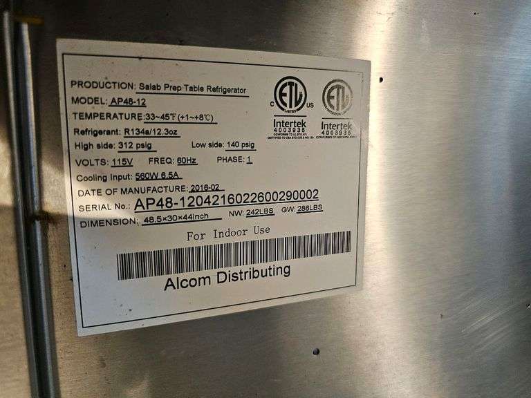 AP48-12 Commercial Refrigerated Prep Table, 48"x31"x45", 115V, Serial: AP48-1204216202602090002