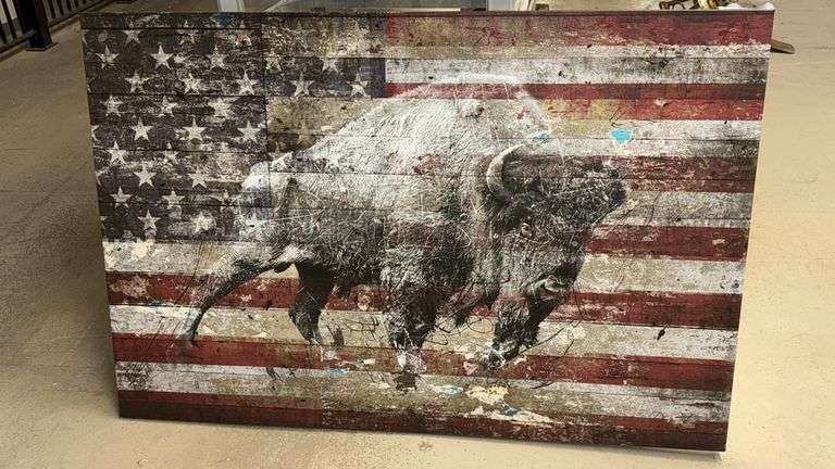 American Flag Buffalo Canvas Art, 5'x40", Wood Frame
