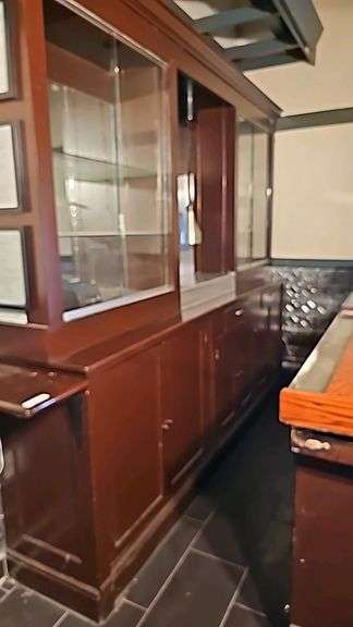 Large Wooden Back Bar Cabinet with Glass Display and Storage