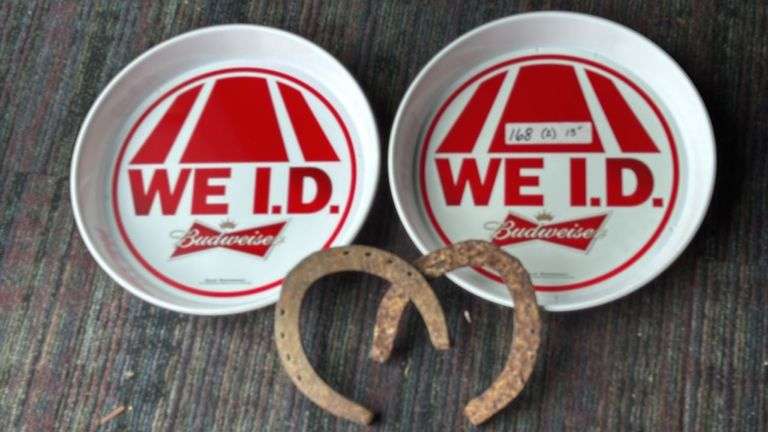 Budweiser WE I.D. Serving Trays, 13" Diameter, Includes Rusty Horseshoes