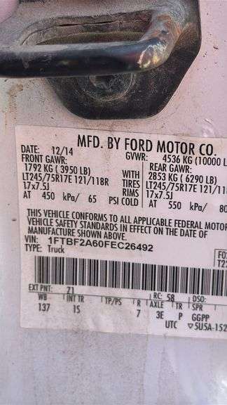2015 Ford F-250 Pickup Truck, VIN # 1FTBF2A60FEC26492