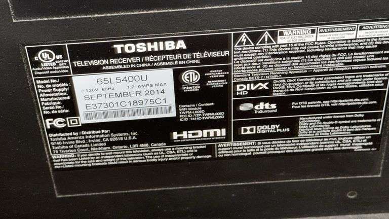 Toshiba 65" LED TV, Model 65L5400U, 1080p, 120Hz, HDMI, September 2014