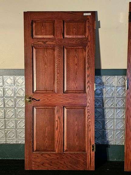 Interior Six-Panel Oak Door, Dark Finish, 36 1/4 x 80 In, Left Swing
