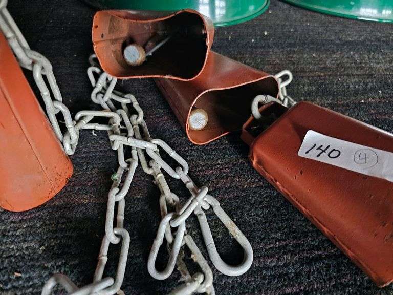 Orange Livestock Tip Bells with Chains, Set of 4