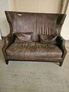 Brown Leather Loveseat, Nailhead Trim, Wingback Design