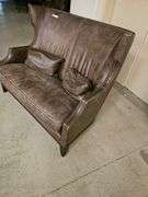 Brown Leather Loveseat, Nailhead Trim, Wingback Design
