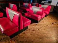 Red Vinyl Restaurant Booth Seating, Two Double, One Single, Red/Gray