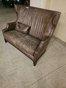 Leather Wingback Loveseat,  Brown Leather, Traditional Style