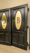 Black Double Doors with Frosted Glass Lettering "O" and "B", 3x7 ft