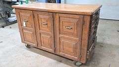 Wooden Workbench, 66"x31.5"x41", Multiple Drawers and Cabinet Storage, 6" Casters