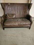Leather Wingback Loveseat,  Brown Leather, Traditional Style