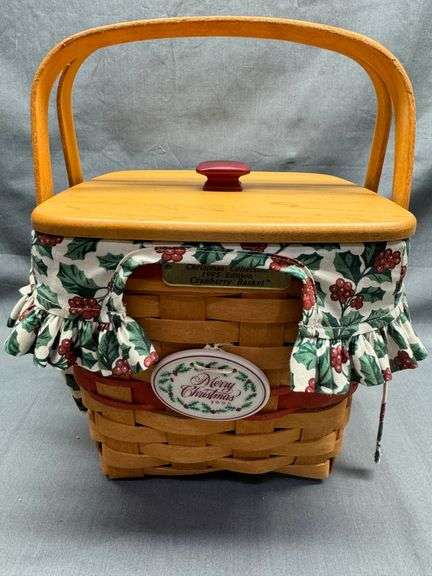 Longaberger 1995 Christmas Collection Cranberry Basket with lid and tie-on, product card