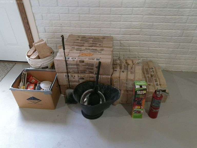 Green heat cordwood alternative, fire starter, strike fire, ash bucket with 2 shovels, and 2 fire ex