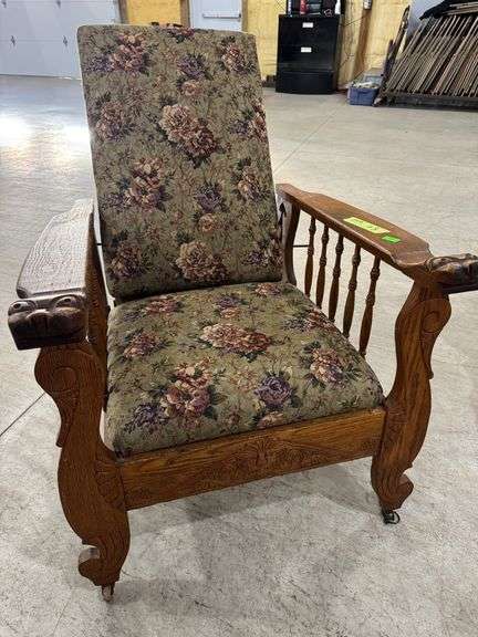 159 - 3 oak vintage reclining Victorian style chair. Carved arms appears to be lion or dragon head. 