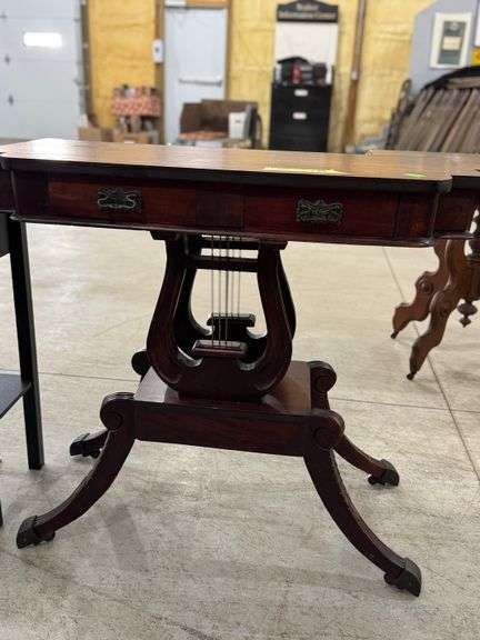 159 - 5 antique Mahogany lyre hall or console table, 2 dovetail drawers, 36"x17""