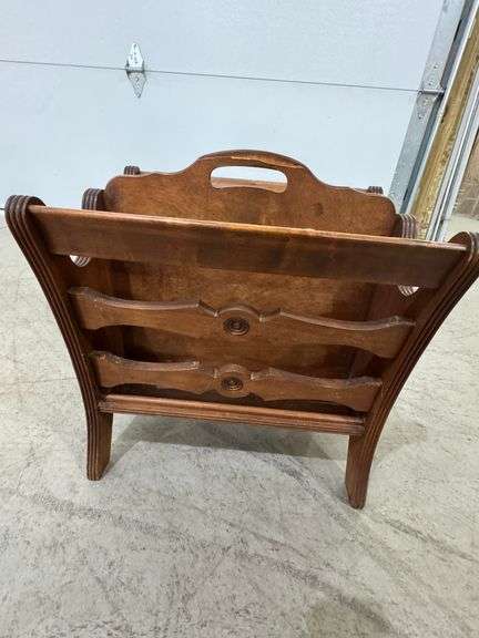 159 -14 vintage wood magazine rack with detailed carving