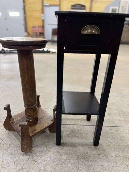 159 - 6 Two plant stands: one vintage oak and black modern