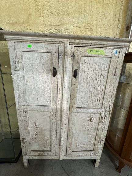 200 - 43 vintage cupboard. Crackle paint - age of paint of is unknown. 40"x19"x61" tall