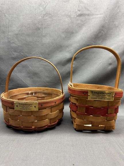 Longaberger 1985 Christmas Collection Cookie Basket with protector and 1986 Candy Cane Basket with p