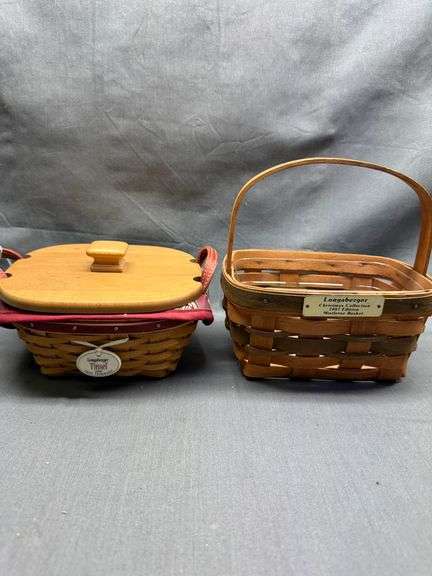 Longaberger 2005 Tinsel Basket with tie-on, lid, liner, protector and product card & 1987 Mistletoe 