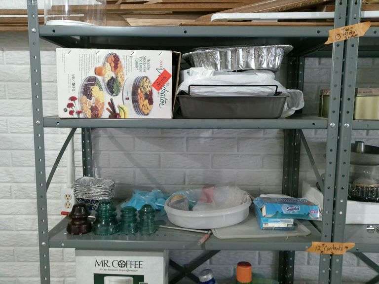 C Contents only of shelving units. Three coffee makers, bread, maker, water, sealer, springform, pan