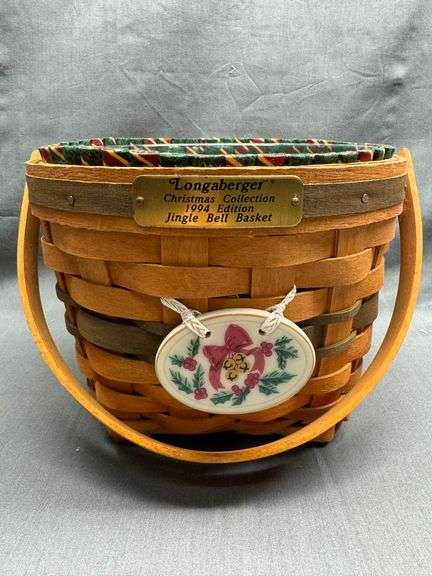 Longaberger 1994 Christmas Collection Jingle Bell Basket with tie-on, liner, protector and product c