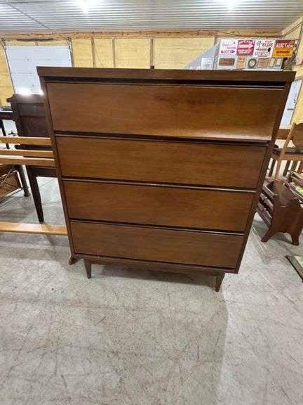200 - 17 mid-century highboy-4 drawer, top drawer veneer is warped
