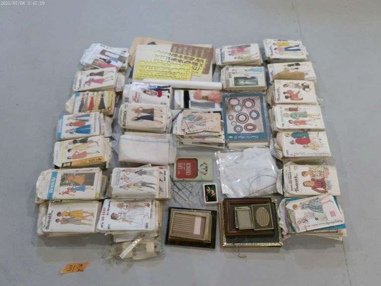 Large lot of sewing patterns. Stencils, picture frames, miscellaneous material. Located in basement.
