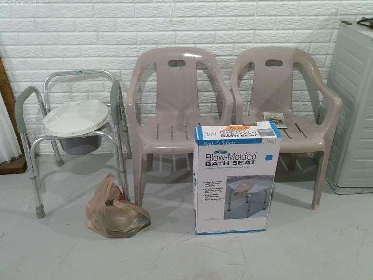 2 plastic patio chairs, Blow molded bath seat in box, bedside toilet and miscellaneous toiletries. L