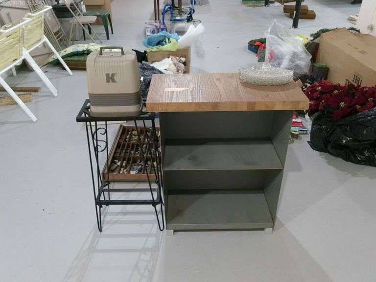 Vintage film projector, metal plant stand,small storage cabinet with wood top 2 ft. X 1 ft. X 3 ft. 