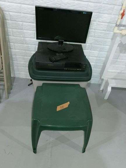 Small Samsung monitor 18" screen. VCR with remote. Tote of bed sheets. Plastic patio table. Located 
