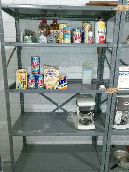 Contents of shelves only. Cleaners, aftershave, Gevalia coffee maker like new, other coffee maker, a