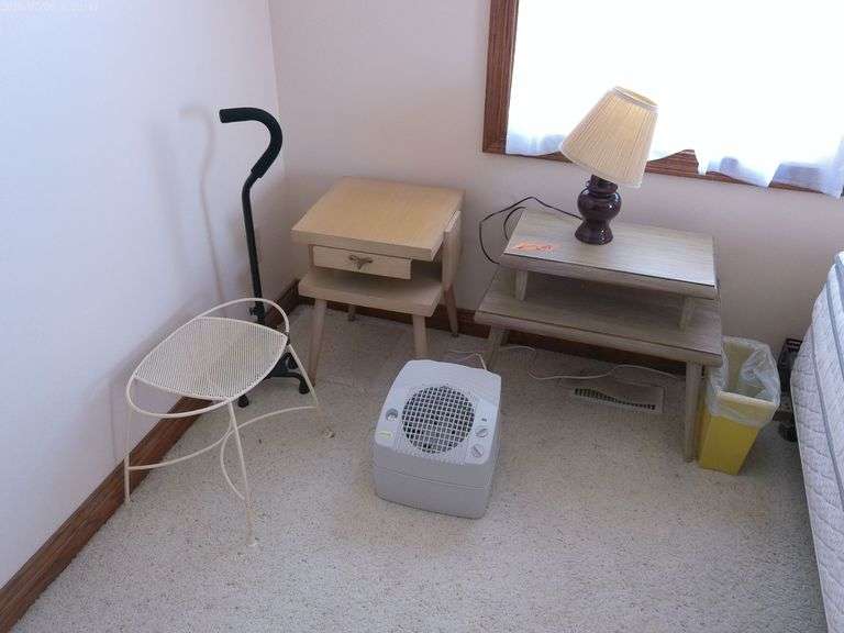 2 mid century modern end tables, table lamp, air care air purifier, cane, and metal stool. 1st table