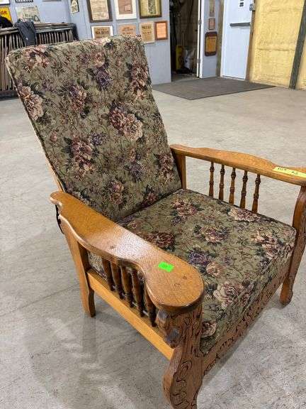 159 - 2 oak vintage reclining Victorian style chair with scroll work on arms & floral upholstery