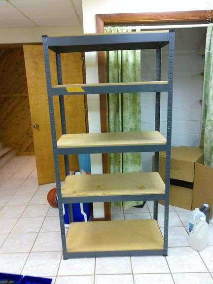 Shelving unit, adjustable shelves, metal and board. 3' wide, 6' tall. In basement