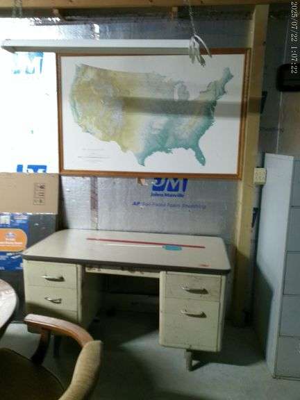 Metal teachers desk, school map, framed cork board