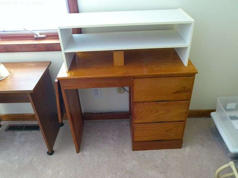 Small knee hole desk and white shelf. Upstairs