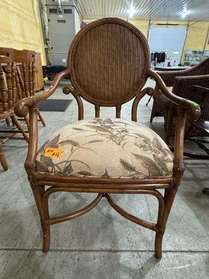 Rattan round back armchair with upholstered seat greenery/floral pattern