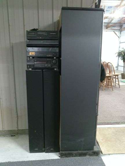 Denon tuner, Pioneer dual cassette tape deck, Toshiba CD VHS combo, Yamaha HTR receiver, JVC video a