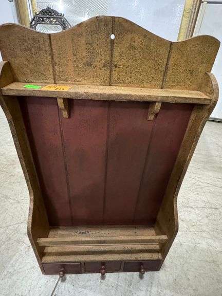Rustic wooden shelf with 3 drawers. 19" wide, 33" tall
