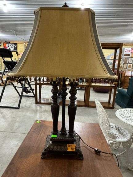 Metal table lamp with fabric shade with beaded fringe trim. 33" tall Victorian or art deco reproduct