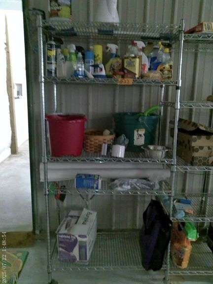 CONTENTS ONLY on rolling rack- includes cleaning supplies, garden hose, lights, fishing rod holders,