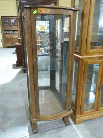 310 - 48 Vintage curio cabinet with curved glass, no key. 22" wide x 17" deep x 60" tall
