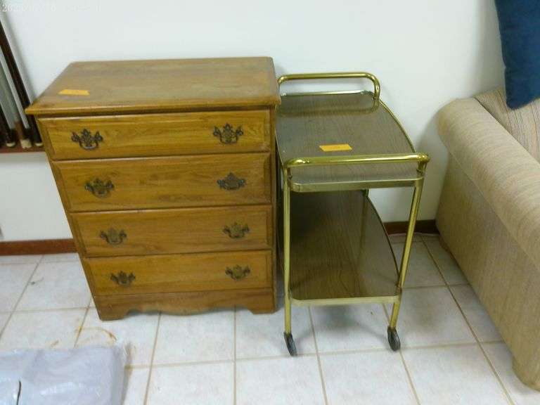 Chest of drawers, 4 drawer. 29" wide, 3' tall. Serving cart on wheels. In basement