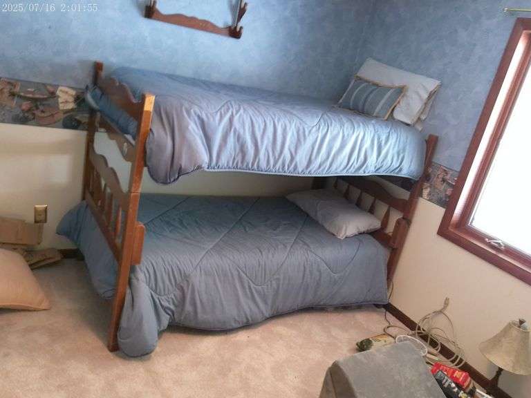 Bunk beds, mattresses and bedding. Upstairs