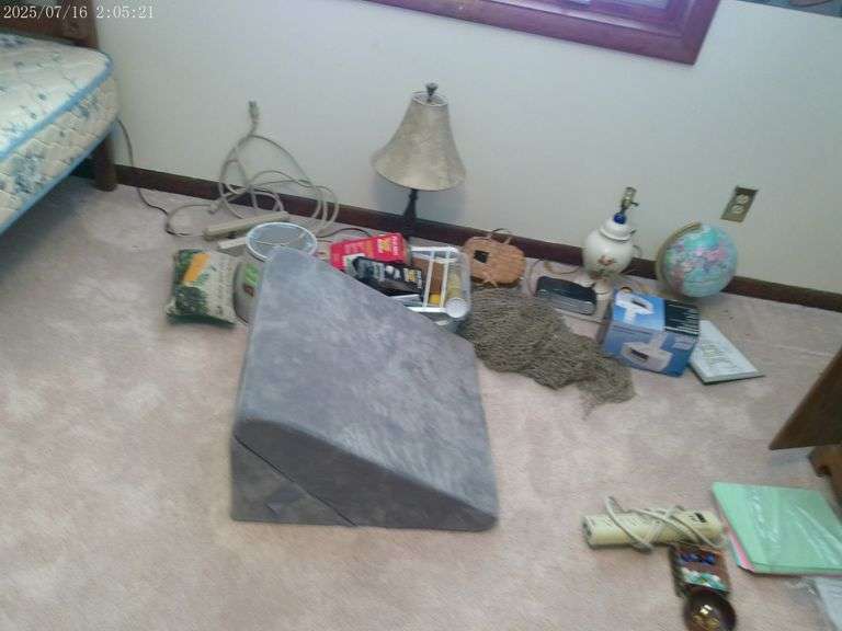 Lamps, globe, fishing related items, light bulbs, hands fee sockets, alarm clock. Upstairs